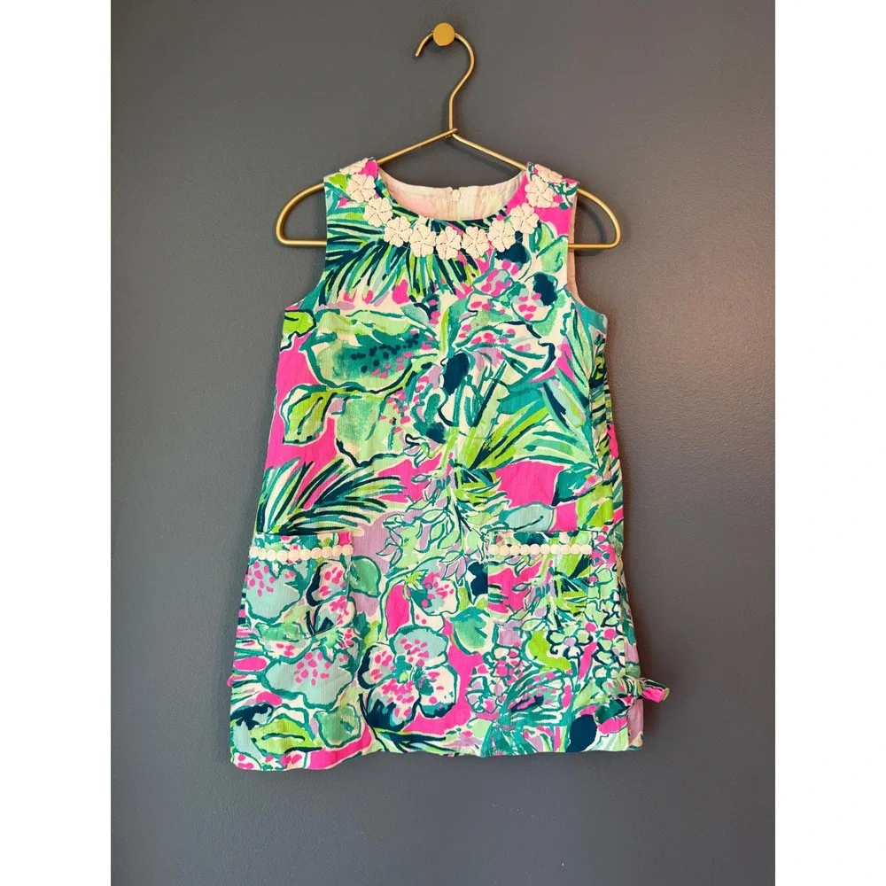 Lilly Pulitzer Girls Pink Green Tropical Floral Corduroy Shift Dress Size 5